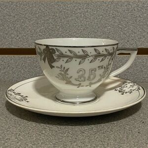 Lefton 25TH‎ ANNIVERSARY CUP AND SAUCER SET JAPAN #281 Vintage 5.75”W silver VTG